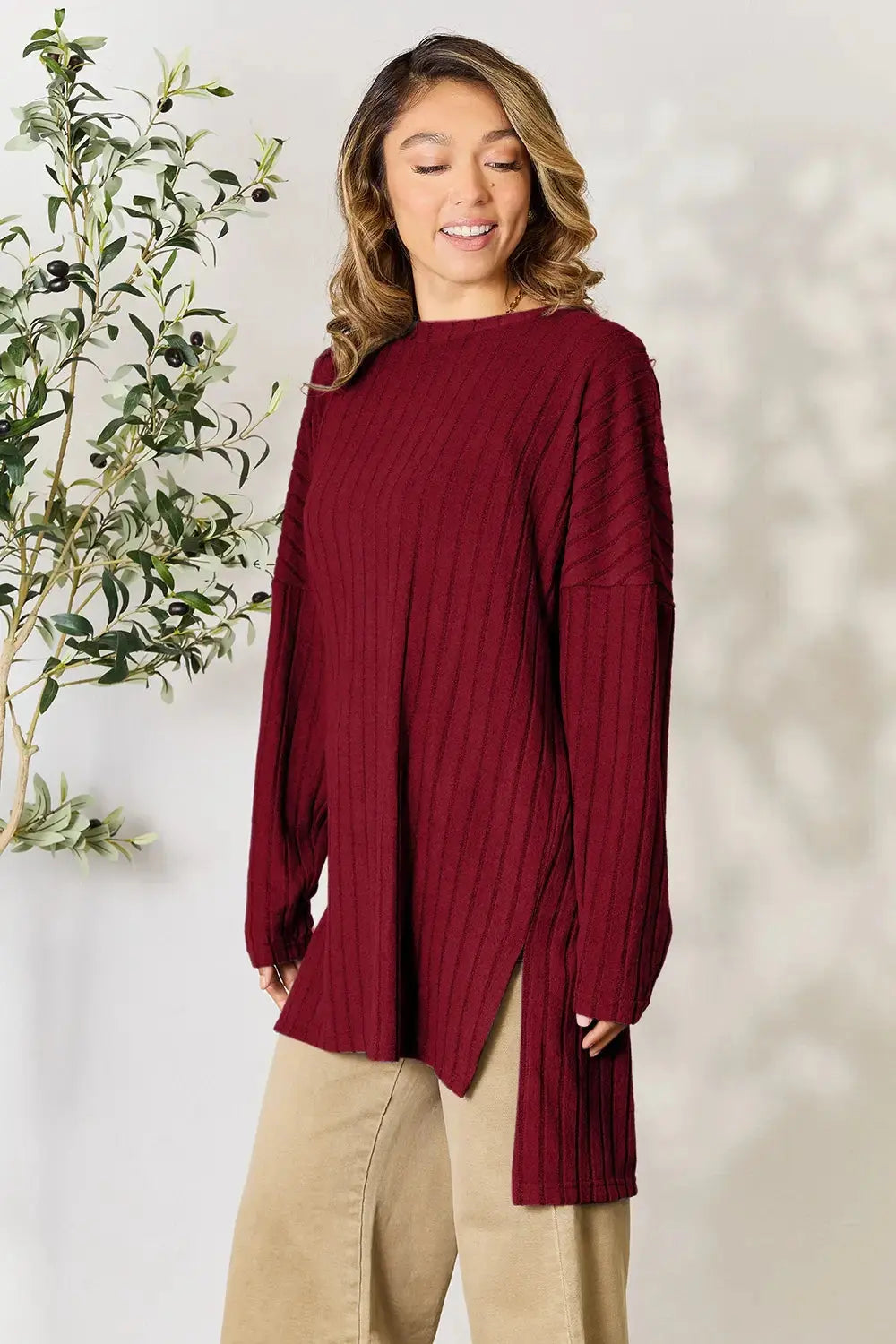 Basic Bae Full Size Ribbed Round Neck Long Sleeve Slit Top - Love Salve